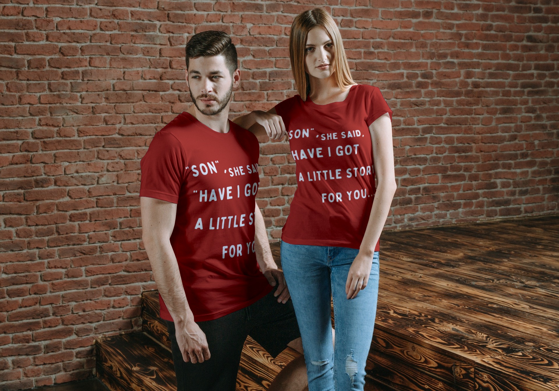 Couple wearing a minimalist vintage tshirt with the lyrics of a Pearl Jam song